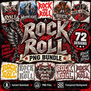 Pode incluir: Uma coleção digital de 72 designs gráficos com o tema Rock and Roll, apresentando caveiras, guitarras elétricas, rosas, correntes e asas. A arte inclui vários elementos de texto estilizados como Rock and Roll e Music Lives Forever.