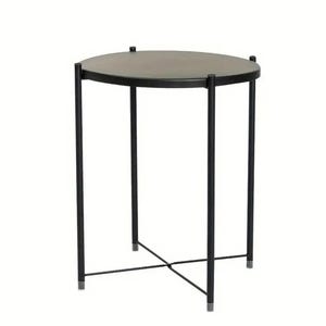 May include: A black metal side table with a round, dark gray tabletop. The table has a simple, modern design with a cross-shaped base.