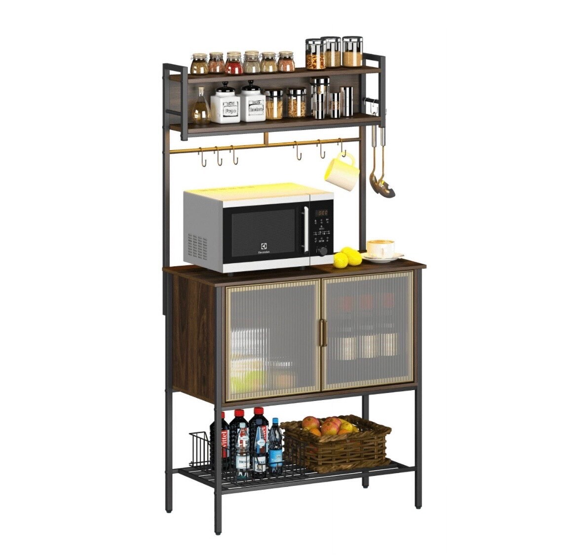 5 Tier Bakers Rack With Power Outlet - Kitchen Microwave Stand, Coffee Bar With Storage Cabinet
