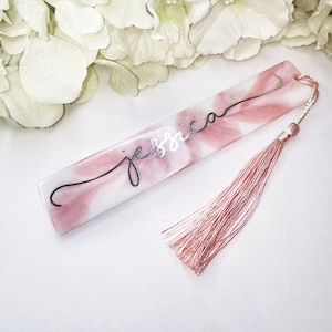 Pink and white fully customisable bookmark with tassel personalised bookmark booklover gift kids party favours school gift gift for her