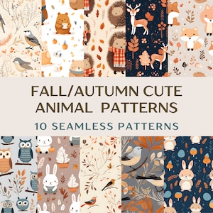 Puede incluir: Diez patrones sin costuras con ilustraciones de animales adorables en colores otoñales. Los patrones incluyen zorros, ciervos, búhos, erizos, ardillas y conejos. Los patrones son perfectos para manualidades, scrapbooking y otros proyectos creativos.