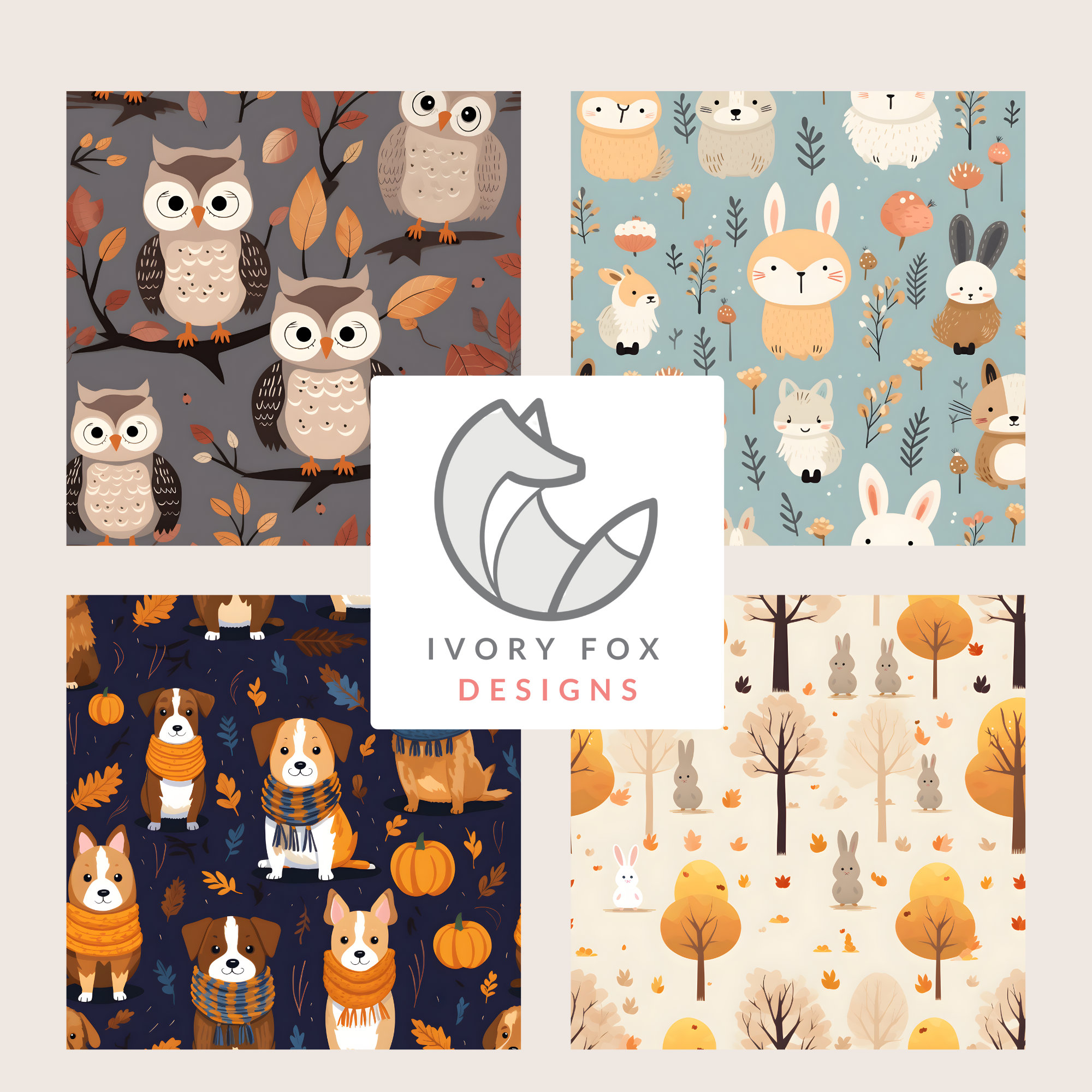 Fall Animal Patterns Fall Autumn Cute Animal Digital Seamless Patterns - 10 Designs | 12x12 ...