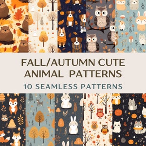May include: Ten seamless patterns featuring cute animal illustrations in autumnal colors. The patterns include foxes, owls, squirrels, rabbits, and other woodland creatures. The patterns are perfect for crafting, scrapbooking, and other creative projects.
