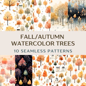 Könnte beinhalten: Zehn nahtlose Aquarellmuster mit Herbstbäumen in verschiedenen Orangetönen, Gelb, Rot und Grün. Die Muster eignen sich perfekt für die Erstellung von Herbstdesigns für Stoffe, Tapeten und andere Bastelarbeiten.