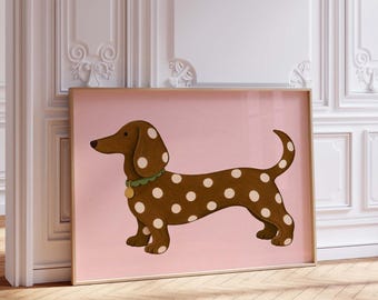 Printable Dachshund Wall Art: Pink Polka Dot Dog Print, Whimsical Animal Illustration