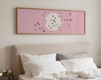 Panoramic Pink Sunset Birds Wall Art, 3:1 Horizontal Minimalist Japanese Zen Style Above Bed Decor (Digital Download)