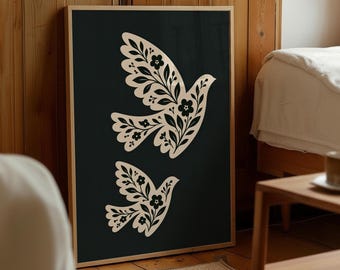 Printable Bird Wall Art: Folk Bird Wall Art, Floral Dove Print, Flying Birds Digital Print