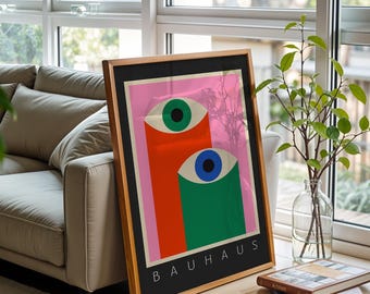 Bauhaus Pink Printable Wall Art: Colorful Eye Geometric Poster, Funky Wall Decor