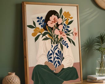 Printable Woman Wall Art: Modern Colorful Woman Art Print, Botanical Lady with Flower Vase Poster