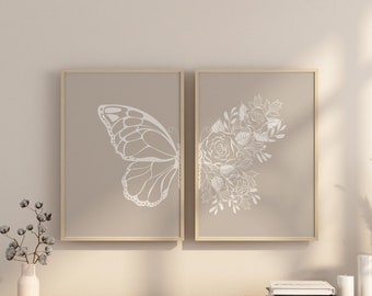Butterfly and Flower Printable Wall Art Set of 2, Butterfly Poster Print Digital Download, Minimalist Abstract Butterfly Botanical Wall Art