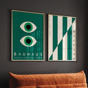Bauhaus Printable Wall Art Set of 2, Mid Century Modern Minimalist Print Set, Retro Striped and Eye Bauhaus Wall Art, Emerald Green Poster,