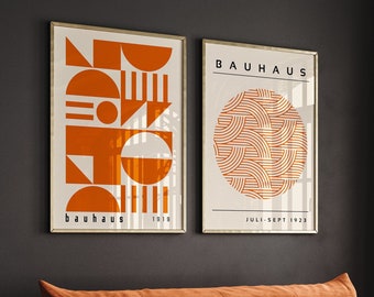 Bauhaus Printable Wall Art Set of 2, Orange Mid Century Modern Print Set, Retro Bauhaus Wall Art, Minimalist Geometric Set of 2 Prints