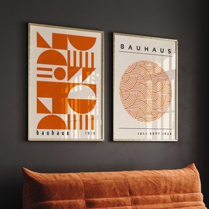 Bauhaus Printable Wall Art Set of 2, Orange Mid Century Modern Print Set, Retro Bauhaus Wall Art, Minimalist Geometric Set of 2 Prints