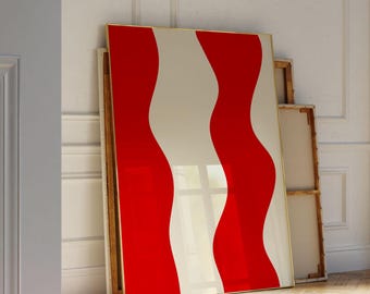 Abstract Red Wavy Art Print, Minimalist Monochrome Wall Art (Digital Download)