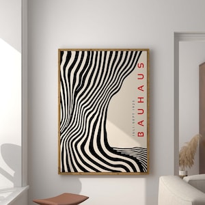 Schwarzes Bauhaus druckbares Plakat, Mid Century Modern Print, Retro Bauhaus Wandkunst, gewelltes minimalistisches Überformat, geometrisches Ausstellungsplakat
