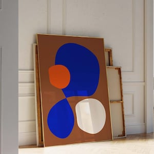 Arte da parete stampabile astratta minimalista colorata, stampa d'arte blu reale e marrone, poster d'arte moderna, stampa astratta di grandi dimensioni, regalo per la casa