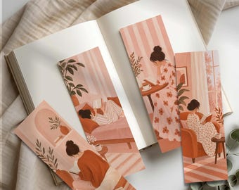 Printable Bookmark Set of 4: Warm Terracotta Cozy Reader Girl Bookmark