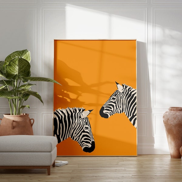 Zebra Printable Wall Art, Animal Illustration Print, Zebra Art Print, Preppy Room Decor, Eclectic Yellow Poster, Large Colorful Wall Art,