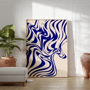 Arte de parede para impressão em linha ondulada azul abstrata, impressão minimalista de tamanho grande, impressão monocromática, decoração de casa moderna, presente para ela, arte digital