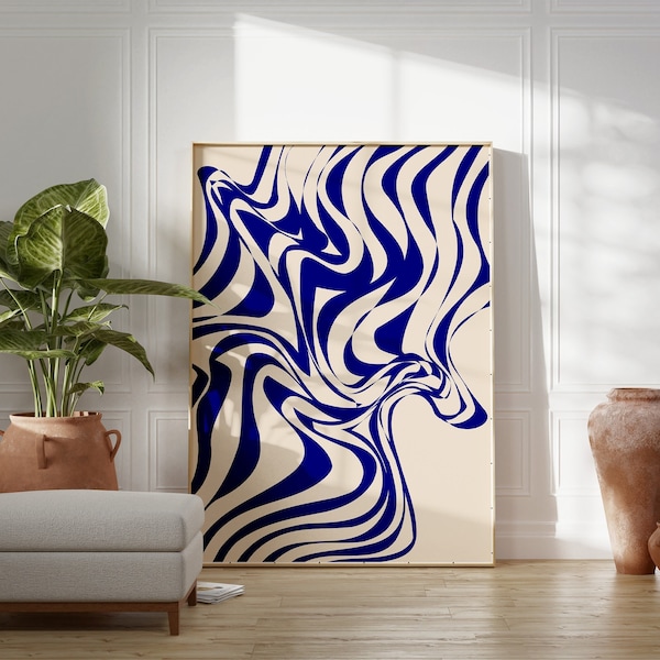 Abstract Blue Wavy Line Printable Wall Art, Impression minimaliste grand format, Impression monochrome, Décoration intérieure moderne, Cadeau pour elle, Art numérique