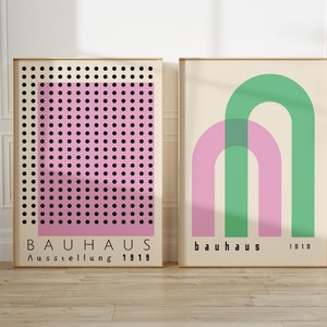 Bauhaus Printable Wall Art Set of 2, Mid Century Modern Minimalist Print Set, Pastel Pink Retro Bauhaus Poster, Geometric Exhibition Poster,