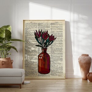 Arte de pared imprimible con florero, estampado de flores vintage, estampados florales con colores otoñales, impresión digital floral otoñal, estampado de flores retro