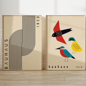 Juego de 2 carteles de exposición Bauhaus imprimibles, juego de impresiones modernas de mediados de siglo con pájaros, arte de pared de galería geométrica retro, juego de 2 impresiones