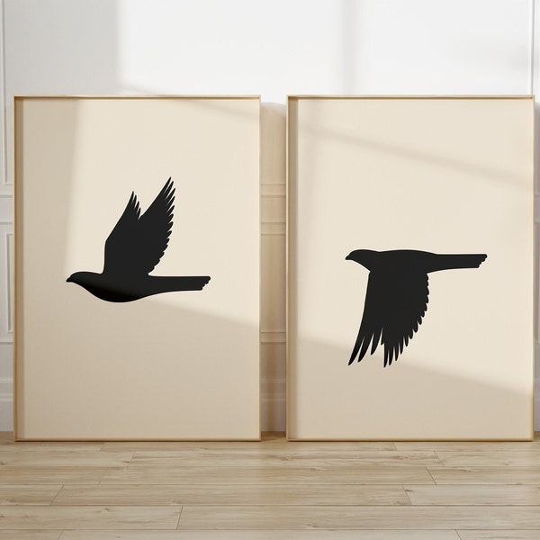 Minimalistische Vögel druckbare Wand Kunst 2er Set, fliegende Vögel Art Print Set, schwarzer Vogel Wand Kunst Druck, Vogel Silhouette digitaler Download Poster