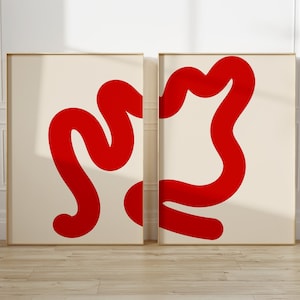 Conjunto de arte de parede abstrata minimalista para impressão, conjunto de impressão moderna de meados do século com 2, impressão de arte geométrica grande, impressão de arte moderna ondulada vermelha