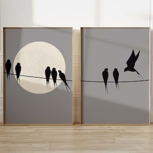 Conjunto de arte de pared imprimible de pájaros de 2, conjunto de impresión de arte de pájaros voladores, impresión de arte de pared de pájaro y luna, cartel de descarga digital de silueta de pájaro