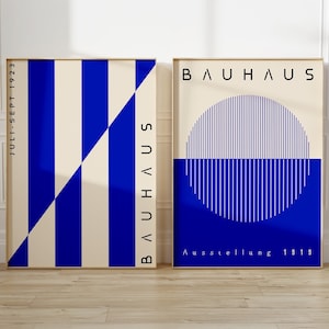 Blue Bauhaus Printable Wall Art Set of 2, Mid Century Modern Minimalist Print Set, Retro Striped and Eye Bauhaus Wall Art, Home Decor