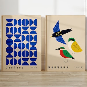 Set of 2 Bauhaus Printable Exhibition Posters, Birds Mid Century Modern Print Set, Retro Geometric Gallery Wall Art, Set of 2 Prints