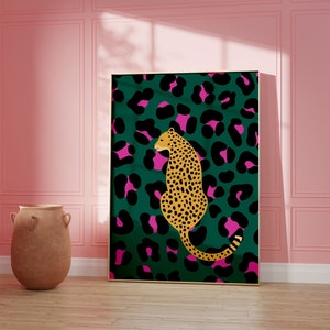 Cheetah Printable Wall Art, Leopard Print, Pink Green Animal Print, Cheetah Illustration Print Poster, Leopard Illustration Printable Art