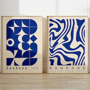 2er-Set Bauhaus-Ausstellungsplakate, Mid Century Modern Print Set, marineblaue Retro Bauhaus-Wandkunst, 2er-Set Prints