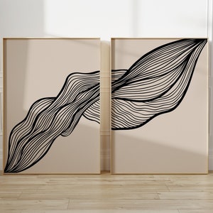 Conjunto de arte de parede abstrata minimalista para impressão com 2 linhas pretas onduladas Impressão de arte moderna Tamanho grande Impressão minimalista Download digital pôster moderno