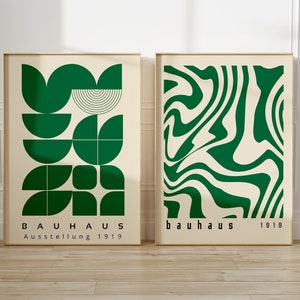 Set of 2 Bauhaus Printable Wall Art, Mid Century Modern Print Set, Green Retro Bauhaus Abstract Design Wall Art, Geometric Shape Poster
