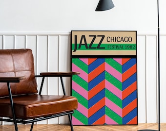 May include: A black framed poster with the text "JAZZ CHICAGO FESTIVAL 1982" and a colorful geometric pattern of green, pink, blue, and orange zigzags.