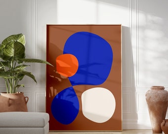 Art mural imprimable abstrait minimaliste coloré, impression d'art bleu royal et marron, affiche d'art moderne, impression abstraite grande taille, cadeau pour la maison