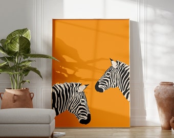 Zebra Printable Wall Art, Animal Illustration Print, Zebra Art Print, Preppy Room Decor, Eclectic Yellow Poster, Large Colorful Wall Art,