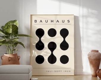 Svart Bauhaus utskrivbar affisch, 50-talsmodernt tryck, retro Bauhaus-väggkonst, minimalistisk överdimensionerad konst, geometrisk utställningsaffisch