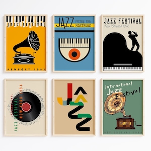Jazz Festival Printable Wall Art Set of 6, Jazz Festival Poster Print, Retro Jazz Music Print Digital Download, Mid Century Modern Poster