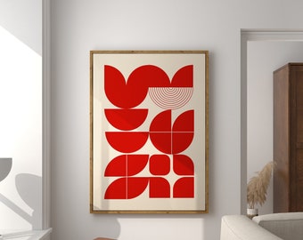 Red Mid Century Modern Printable Wall Art, Large Size Geometric Print Download, Bauhaus Art Poster, Abstract Monochrome Print, Retro Art
