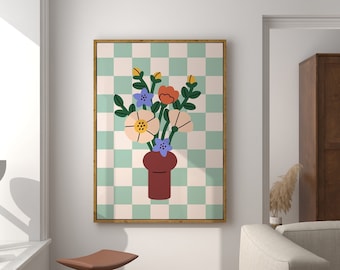 Flowers in Vase Printable Wall Art Retro Checkered Spring Art Print Floral Poster Download Botanical Wall Art Colorful Eclectic Art Print