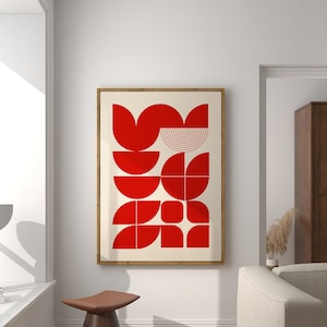 Rot Mid Century moderne druckbare Wandkunst, geometrischer Druck Download, Bauhaus Poster, abstrakter monochromer Druck, Retro Kunst