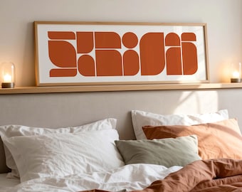 Panoramic Retro Geometric Wall Art, 3:1 Horizontal Terracotta Abstract Above Bed Art Print (Digital Download)