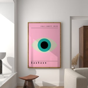 Stampa artistica da parete con l&#39;occhio del Bauhaus, stampa moderna di metà secolo, poster con l&#39;occhio maligno rosa, stampa minimalista Bauhaus, stampa pastello, poster di una mostra