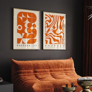 Bauhaus Printable Wall Art Set of 2, Orange Mid Century Modern Print Set, Retro Bauhaus Wall Art, Minimalist Geometric Set of 2 Prints