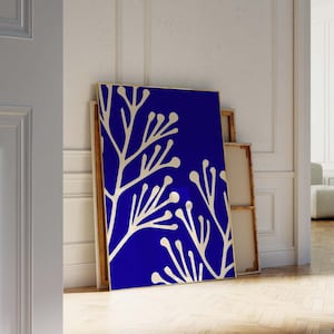 Royal Blau Minimalistische abstrakte druckbare Wandkunst, blaues Blatt Kunst Poster, botanischer abstrakter Digitaldruck, großer abstrakter Kunstdruck