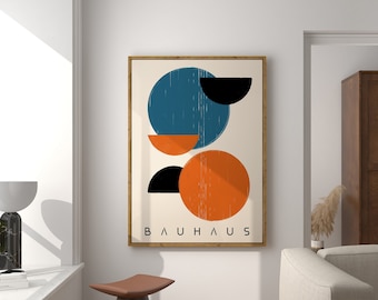 Bauhaus Printable Wall Art, Blue Mid Century Modern Print, Orange Minimalist Art Print, Vintage Bauhaus Poster, Geometric Exhibition Poster