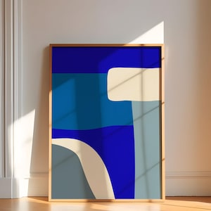Blau Minimalistische abstrakte druckbare Kunst, zeitgenössisches abstraktes Poster, minimalistischer geometrischer Druck, Wandkunst in kräftigen Farben, großes Format